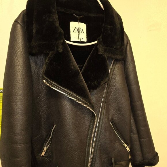 ZARA Black Faux Leather Double Faced Shearling Biker Jacket XL - Picture 1 of 4